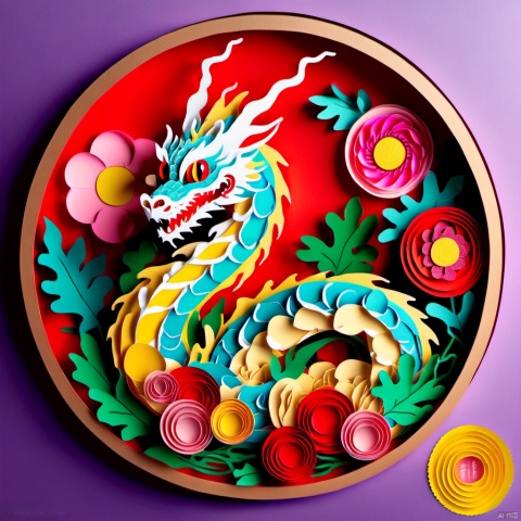  papercut ( chinese baby dragon) with a circular border,colorful.