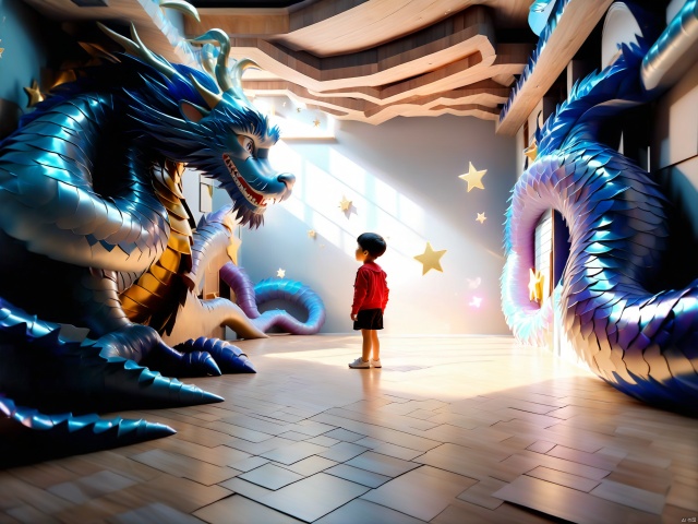  (best quality,4k,8k,highres,masterpiece:1.2),ultra-detailed,(realistic,photorealistic,photo-realistic:1.37),spacious alley area,monsters stuck in secret room, randomly distributed, eerie, dark background tone, vibrant colors,handsome young asian boy demon holding miniature stars,  radiance  surrounding.