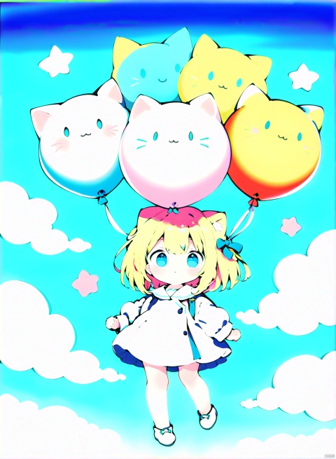 (cat heads) tied to (cat head balloons),flying on sky, whole-body, colorful
