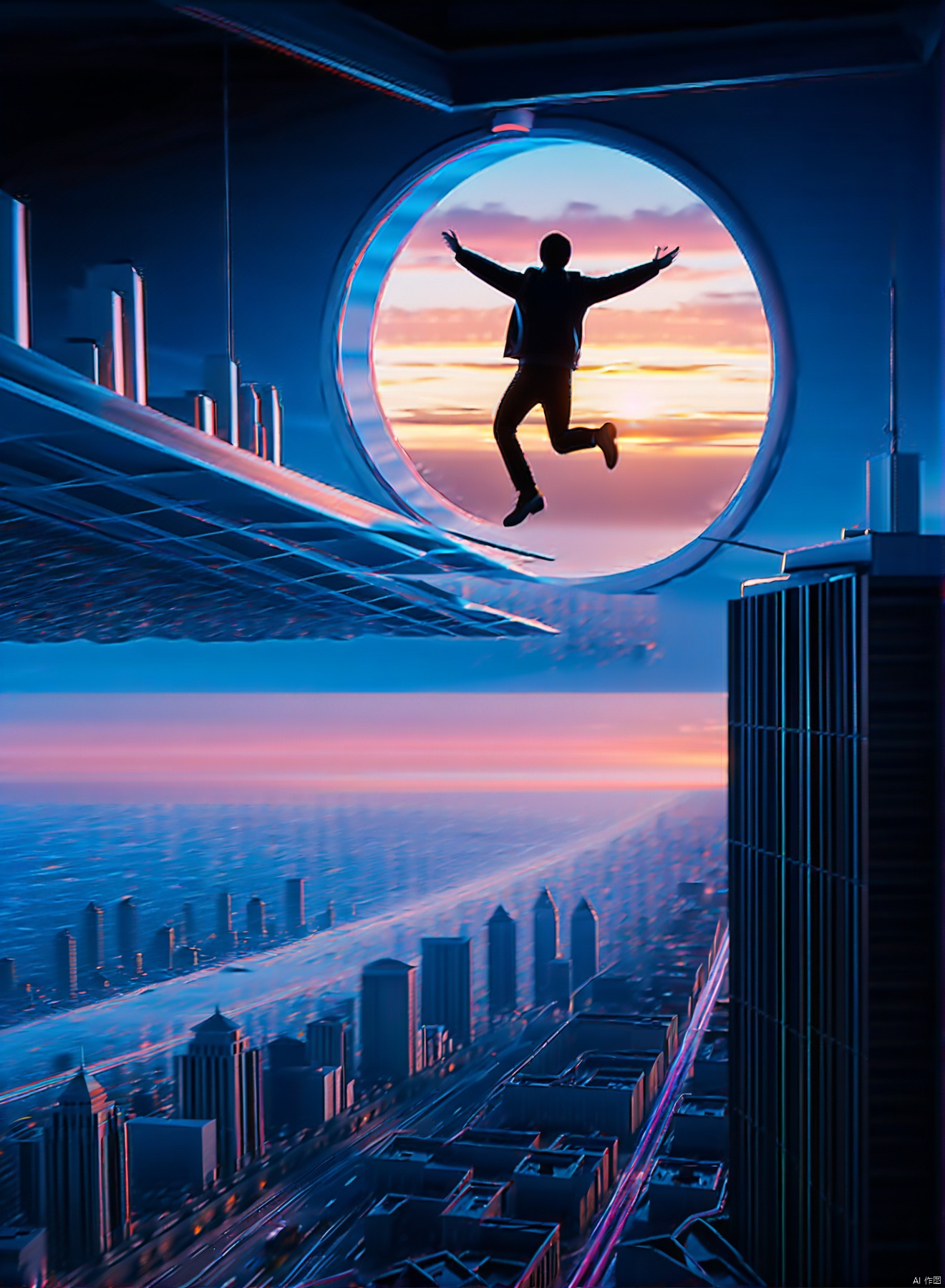 (human) disco,horror,terrified,flying on sky over the city