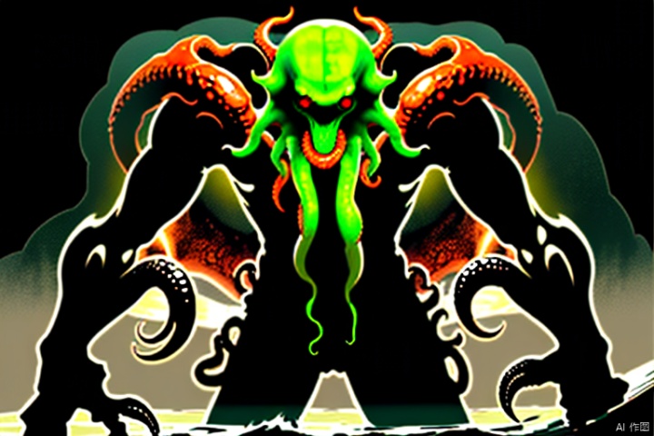 red or black background, Cthulhu, one monster,monstrous,whole body,wave limbs,science fiction