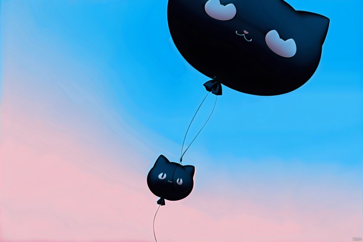  (human heads) tied to (cat head balloons),flying on sky, whole-body, dark tone