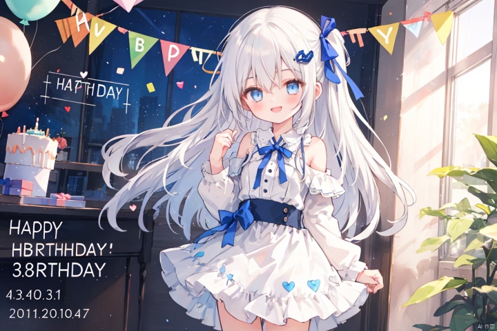 (masterpiece, extremely detailed 8k wallpaper,best quality), (best illumination, best shadow, extremely delicate and beautiful), floating, finely detail, Depth of field (bloom), (shine), glinting stars,classic, (illustration), (sketch),(panorama),fog,night,
solo,1 girl,loli,indoor,sonw,(happy birthday:1.3),cake,
detailed eyes,perfect face,night,
1girl, solo , bangs , blue eyes , long hair ,(white hair) ,hair between eyes ,floating hair,hair bow,
small breasts,
off shoulder,a white dress with bows,frills,long sleeves,black jeck,hair ornament ,(hair ribbon),blush,(leg loops),(open mouse),black hair clips,smile,(heart)
(leg ribbon),hand up