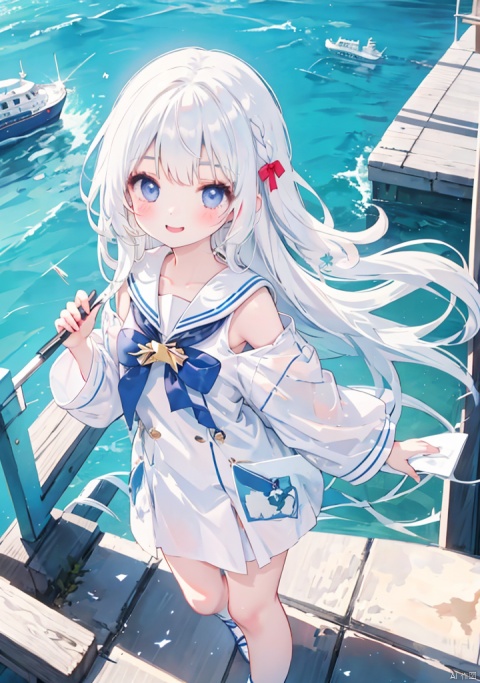  1girl, solo, long hair,(loli),white hair,(off shoulder),hair ribbon,light smile,mouth open,from above,breasts focus,small breasts,(sailor clothes),breasts out,