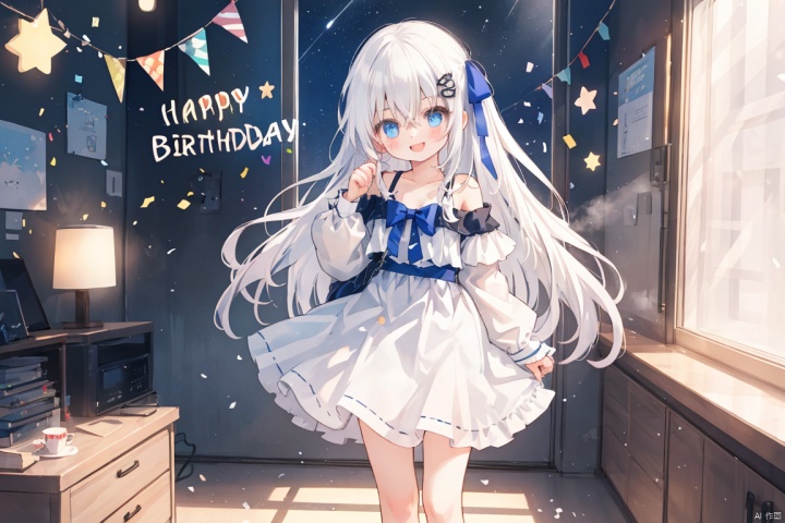  (masterpiece, extremely detailed 8k wallpaper,best quality), (best illumination, best shadow, extremely delicate and beautiful), floating, finely detail, Depth of field (bloom), (shine), glinting stars,classic, (illustration), (sketch),(panorama),fog,night,
solo,1 girl,loli,indoor,sonw,(happy birthday:1.3),cake,
detailed eyes,perfect face,night,
1girl, solo , bangs , blue eyes , long hair ,(white hair) ,hair between eyes ,floating hair,hair bow,
small breasts,
off shoulder,a white dress with bows,frills,long sleeves,black jeck,hair ornament ,(hair ribbon),blush,(leg loops),(open mouse),black hair clips,smile,(heart)
(leg ribbon),hand up