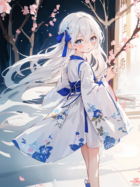  (masterpiece, extremely detailed 8k wallpaper,best quality), (best illumination, best shadow, extremely delicate and beautiful), floating, finely detail, Depth of field (bloom),classic, (illustration), (sketch),(panorama),fog,looking at viewer,(solo),
1girl,loli,
detailed eyes,perfect face,
1girl, solo ,blue eyes , very long hair ,(white hair) ,hair between eyes ,floating hair,hair ribbon,
(Hanfu:1.2),long dress,
(blush),((legloops)),smallass,
(泪眼问花花不语，乱红飞过秋千去)