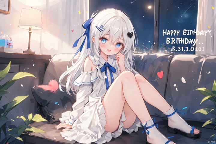  (masterpiece, extremely detailed 8k wallpaper,best quality), (best illumination, best shadow, extremely delicate and beautiful), floating, finely detail, Depth of field (bloom), (shine), glinting stars,classic, (illustration), (sketch),(panorama),fog,night,
solo,1 girl,loli,indoor,sonw,(happy birthday:1.3),cake,
detailed eyes,perfect face,night,
1girl, solo , bangs , blue eyes , long hair ,(white hair) ,hair between eyes ,floating hair,hair bow,
small breasts,
off shoulder,a white dress with bows,frills,long sleeves,black jeck,hair ornament ,(hair ribbon),blush,(leg loops),(open mouse),black hair clips,smile,(heart)
(leg ribbon),hand up,(1.9:1.2)