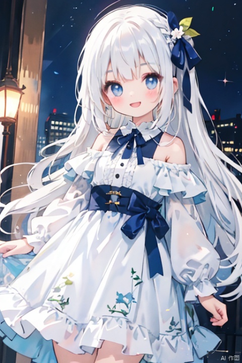  1girl, solo, long hair,(loli),white hair,off shoulder,white dress,hair ribbon,light smile,mouth open,