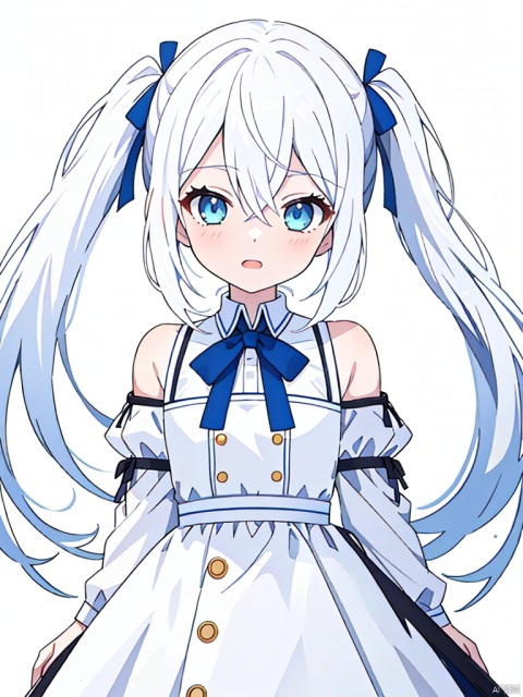  (masterpiece, extremely detailed 8k wallpaper,best quality),official art,1girl, simple background,[(white background:1.5)::0.2],
1girl,loli,
detailed eyes,perfect face,
1girl, solo ,blue eyes , very long hair ,(white hair) ,hair between eyes ,floating hair,hair ribbon,
long dress,off shoulder,frills,skirt,side ponytail,hair ribbon