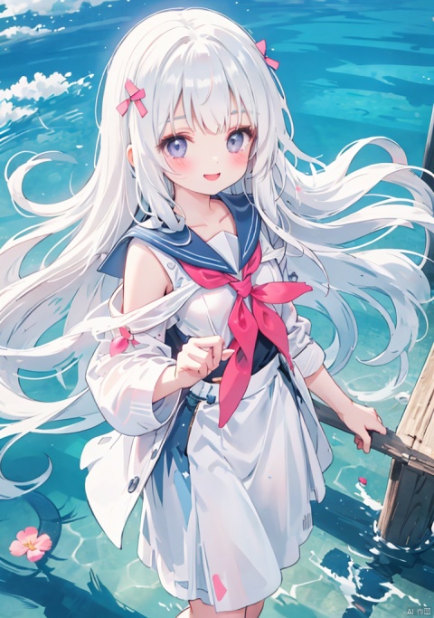 1girl, solo, long hair,(loli),white hair,off shoulder,hair ribbon,light smile,mouth open,from above,breasts focus,small breasts,(sailor clothes)