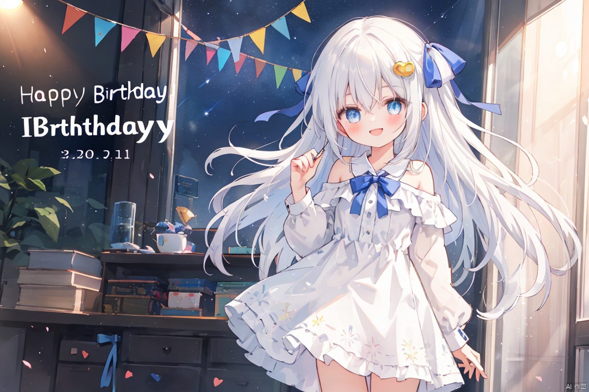  (masterpiece, extremely detailed 8k wallpaper,best quality), (best illumination, best shadow, extremely delicate and beautiful), floating, finely detail, Depth of field (bloom), (shine), glinting stars,classic, (illustration), (sketch),(panorama),fog,night,
solo,1 girl,loli,indoor,sonw,(happy birthday:1.3),cake,
detailed eyes,perfect face,night,
1girl, solo , bangs , blue eyes , long hair ,(white hair) ,hair between eyes ,floating hair,hair bow,
small breasts,
off shoulder,a white dress with bows,frills,long sleeves,black jeck,hair ornament ,(hair ribbon),blush,(leg loops),(open mouse),black hair clips,smile,(heart)
(leg ribbon),hand up