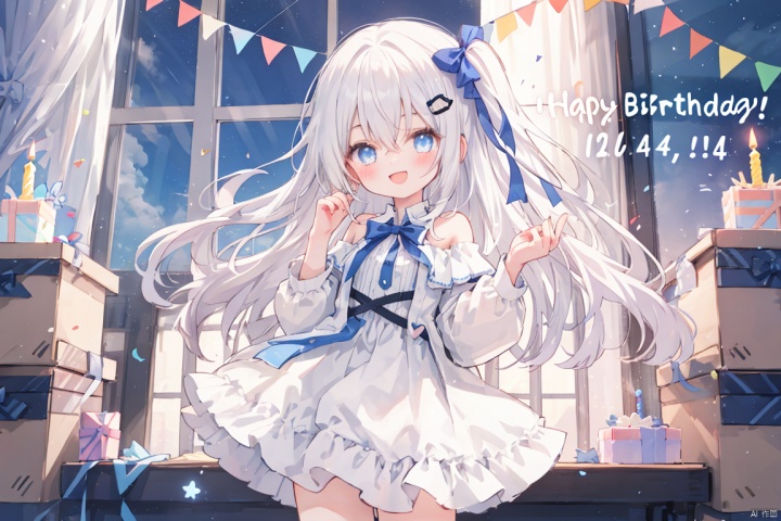  (masterpiece, extremely detailed 8k wallpaper,best quality), (best illumination, best shadow, extremely delicate and beautiful), floating, finely detail, Depth of field (bloom), (shine), glinting stars,classic, (illustration), (sketch),(panorama),fog,night,
solo,1 girl,loli,indoor,sonw,(happy birthday:1.3),cake,
detailed eyes,perfect face,night,
1girl, solo , bangs , blue eyes , long hair ,(white hair) ,hair between eyes ,floating hair,hair bow,
small breasts,
off shoulder,a white dress with bows,frills,long sleeves,black jeck,hair ornament ,(hair ribbon),blush,(leg loops),(open mouse),black hair clips,smile,(heart)
(leg ribbon),hand up