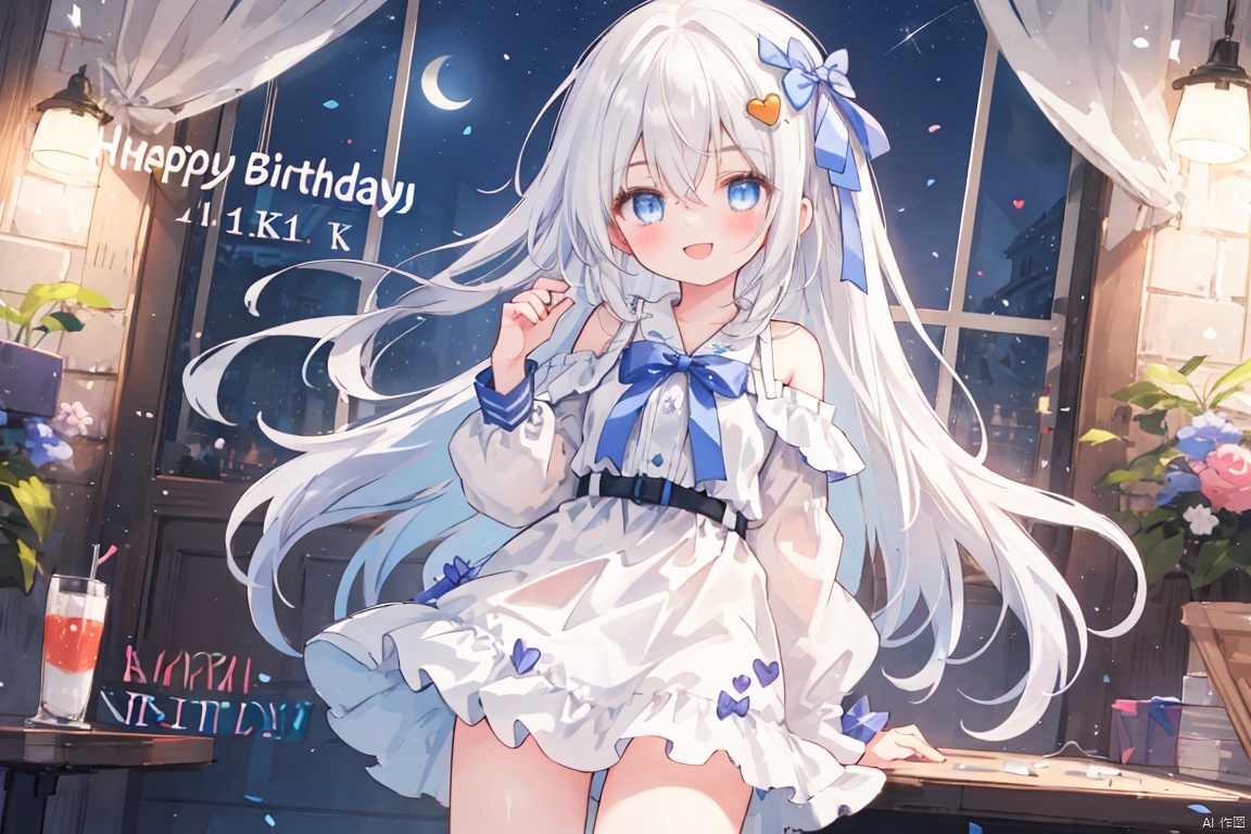  (masterpiece, extremely detailed 8k wallpaper,best quality), (best illumination, best shadow, extremely delicate and beautiful), floating, finely detail, Depth of field (bloom), (shine), glinting stars,classic, (illustration), (sketch),(panorama),fog,night,
solo,1 girl,loli,indoor,sonw,(happy birthday:1.3),cake,
detailed eyes,perfect face,night,
1girl, solo , bangs , blue eyes , long hair ,(white hair) ,hair between eyes ,floating hair,hair bow,
small breasts,
off shoulder,a white dress with bows,frills,long sleeves,black jeck,hair ornament ,(hair ribbon),blush,(leg loops),(open mouse),black hair clips,smile,(heart)
(leg ribbon),hand up