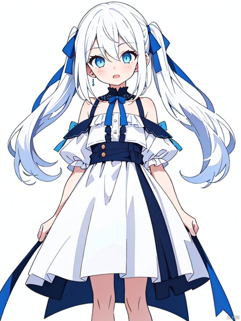  (masterpiece, extremely detailed 8k wallpaper,best quality),official art,1girl, simple background,[(white background:1.5)::0.2],
1girl,loli,
detailed eyes,perfect face,
1girl, solo ,blue eyes , very long hair ,(white hair) ,hair between eyes ,floating hair,(hair ribbon),foot out of frame
long dress,off shoulder,frills,skirt,side ponytail,hair ribbon,frills dress,