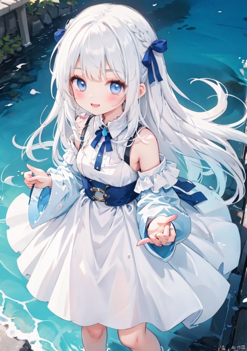  1girl, solo, long hair,(loli),white hair,off shoulder,white dress,hair ribbon,light smile,mouth open,from above,breasts focus,small breasts