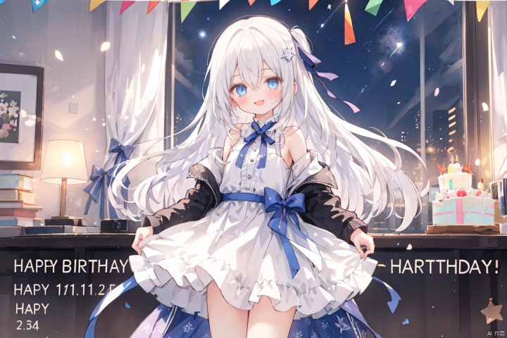  (masterpiece, extremely detailed 8k wallpaper,best quality), (best illumination, best shadow, extremely delicate and beautiful), floating, finely detail, Depth of field (bloom), (shine), glinting stars,classic, (illustration), (sketch),(panorama),fog,night,
solo,1 girl,loli,indoor,sonw,(happy birthday:1.3),cake,
detailed eyes,perfect face,night,
1girl, solo , bangs , blue eyes , long hair ,(white hair) ,hair between eyes ,floating hair,hair bow,
small breasts,
off shoulder,a white dress with bows,frills,long sleeves,black jeck,hair ornament ,(hair ribbon),blush,(leg loops),(open mouse),black hair clips,smile,(heart)
(leg ribbon),hand up