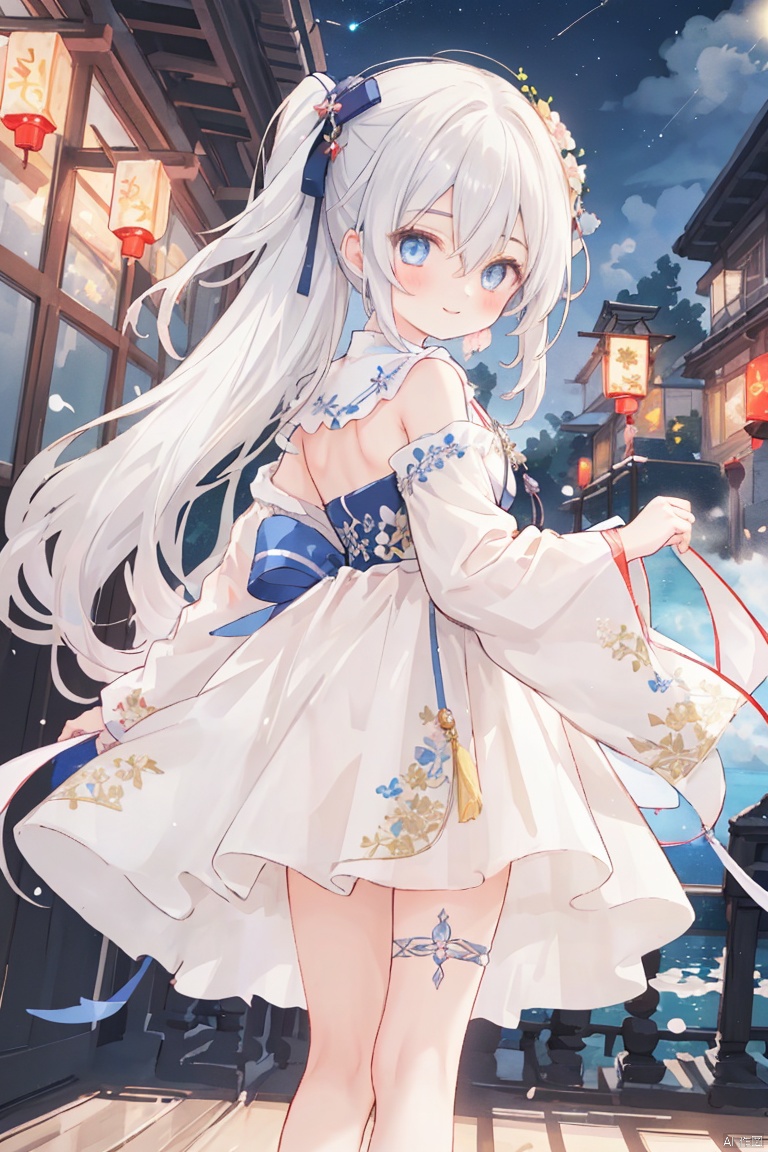  (masterpiece, extremely detailed 8k wallpaper,best quality), (best illumination, best shadow, extremely delicate and beautiful), floating, finely detail, Depth of field (bloom), (shine), glinting stars,classic, (illustration), (sketch),(panorama),fog,night,looking at viewer,
1 girl,loli,outdoor,beside lake,on bridge,lantern,
detailed eyes,perfect face,night,(new years)
1girl, solo , bangs , blue eyes , long hair ,(white hair) ,hair between eyes ,floating hair,hair bow,
small breasts,
(Hanfu:1.2),long dress,
(hair ribbon),(blush),((leg loops)),(open mouse),black hair clips,(leg ribbon),small ass,smile,