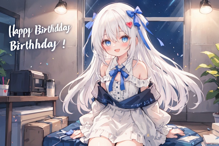  (masterpiece, extremely detailed 8k wallpaper,best quality), (best illumination, best shadow, extremely delicate and beautiful), floating, finely detail, Depth of field (bloom), (shine), glinting stars,classic, (illustration), (sketch),(panorama),fog,night,
solo,1 girl,loli,indoor,sonw,(happy birthday:1.3),cake,
detailed eyes,perfect face,night,
1girl, solo , bangs , blue eyes , long hair ,(white hair) ,hair between eyes ,floating hair,hair bow,
small breasts,
off shoulder,a white dress with bows,frills,long sleeves,black jeck,hair ornament ,(hair ribbon),blush,(leg loops),(open mouse),black hair clips,smile,(heart)
(leg ribbon),hand up,(1.9:1.2)