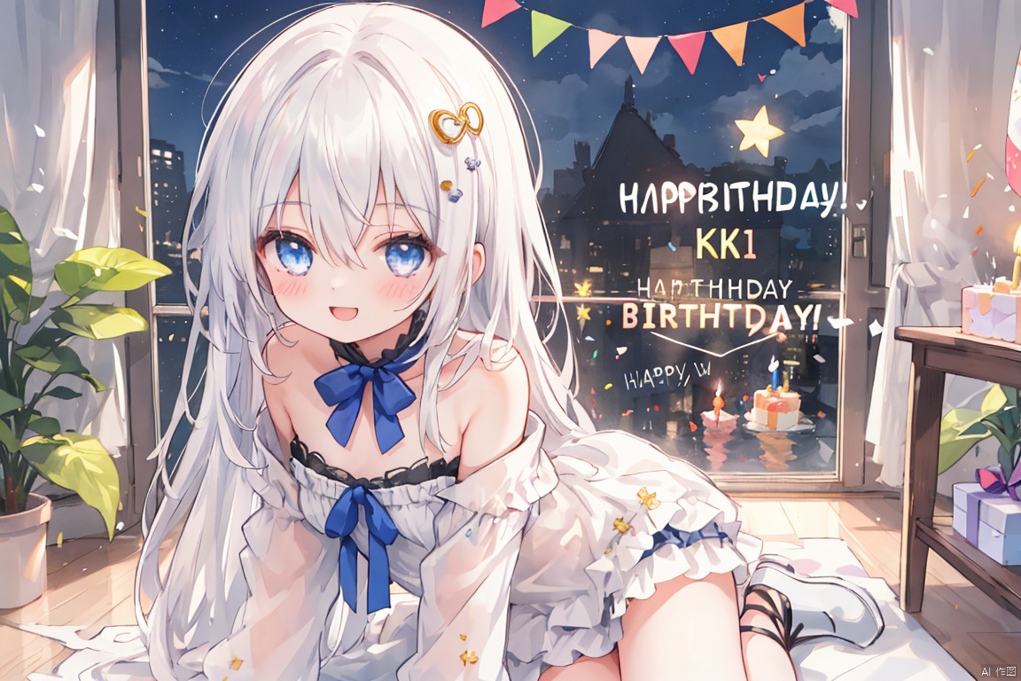  (masterpiece, extremely detailed 8k wallpaper,best quality), (best illumination, best shadow, extremely delicate and beautiful), floating, finely detail, Depth of field (bloom), (shine), glinting stars,classic, (illustration), (sketch),(panorama),fog,night,
solo,1 girl,loli,indoor,sonw,(happy birthday:1.3),cake,
detailed eyes,perfect face,night,
1girl, solo , bangs , blue eyes , long hair ,(white hair) ,hair between eyes ,floating hair,hair bow,
small breasts,
off shoulder,a white dress with bows,frills,long sleeves,black jeck,hair ornament ,(hair ribbon),blush,(leg loops),(open mouse),black hair clips,smile,(heart)
(leg ribbon),hand up