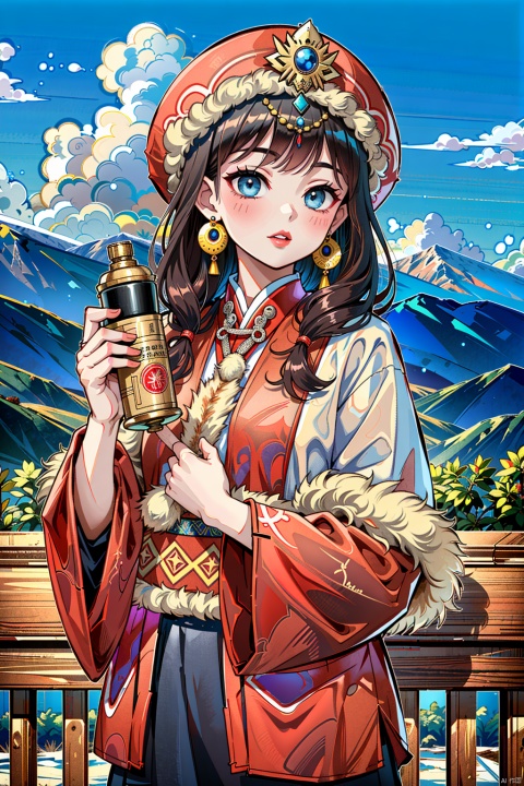  (Masterpiece, top quality, best quality, official art, beauty and aesthetics: 1.2), White Tibetan clothing,1girl, blue sky, cloud, cloudy sky, day, earrings,Plush hat, horizon,Chinese Tibetan clothing,Tibetan Earrings,Silver Tibetan prayer wheel,Tibetan girl , jewelry, lips, mountain, outdoors, parted lips, red lips, sky, solo, upper body,Holding a Tibetan prayer wheel, 8k, crazy details, complex details,