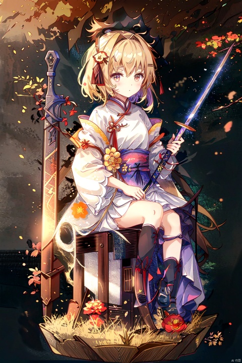  muelsyse (arknights),1girl, solo,hanfu,chinese clothes,splatter background, holding sword, best quality, amazing quality, very aesthetic, absurdres