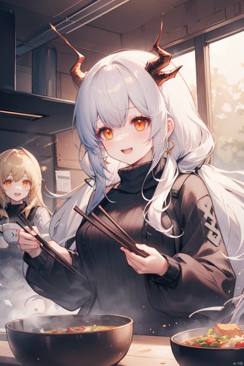  2girls, demon horns, ifrit \(arknights\), saria \(arknights\), best quality, detailed, upper body, standing, holding chopsticks, dragon horns, open mouth, orange eyes, long hair, grey hair, blonde hair, silver hair, twintails, bangs, breasts, shirt, ribbed sweater, black sweater, turtleneck sweater, long sleeves, belt, earrings, indoors, id card, food, cooking, mug, :d, frying pan, bowl
