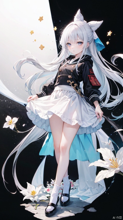  (1girl:0.6), thin, very long hair, black and grey hair, grey eyes, (detailed eyes), small breasts, black coat, white lining, white skirt, socks, closed mouth, (sad), star, Bow head, white flower, (black background), masterpiece, best quality, official art, extremely detailed CG unity 8k wallpaper, cozy anime,midjourney,full body, cozy animation scenes, chang, sweet girl portrait, sweet girl, Rebelliousgirl,触发词看简介, wushu pose, fantasy