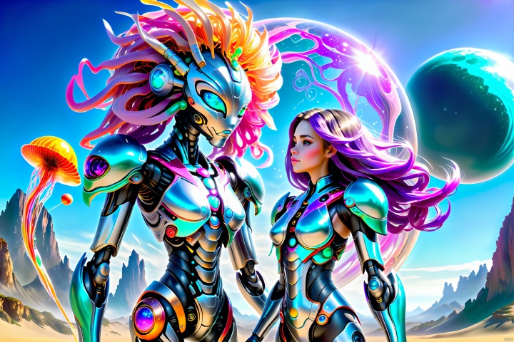 The alien princess is wearing a mech suit, with a fully mechanical lion by her side, and a colorful planet in the background, with colored jellyfish floating in the air, high-definition images, masterpieces, direct sunlight, panoramic views., bingnvwang