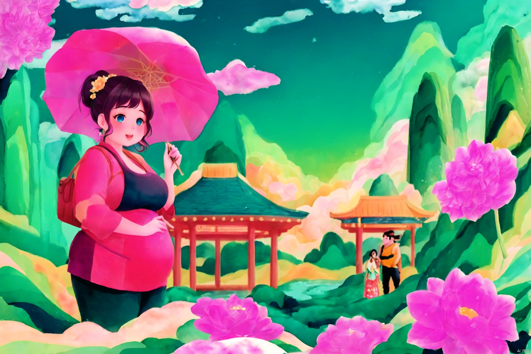 A cute plump girl , a lovely chubby boy meet each other in the virtual world,The art style is cartoon-like, with bright and colorful images,The texture is watercolor, and the cinematography is reminiscent of a movie.