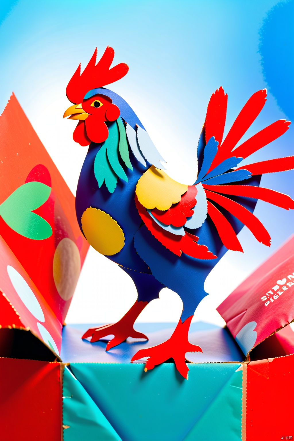 Food packaging, vibrant colors, innovative forms, high-grade materials, Primarily red and blue, with a cartoon chicken image,Transparent background, macro lens, bright lights, dynamic movement, and a joyful atmosphere, paper cut painting.