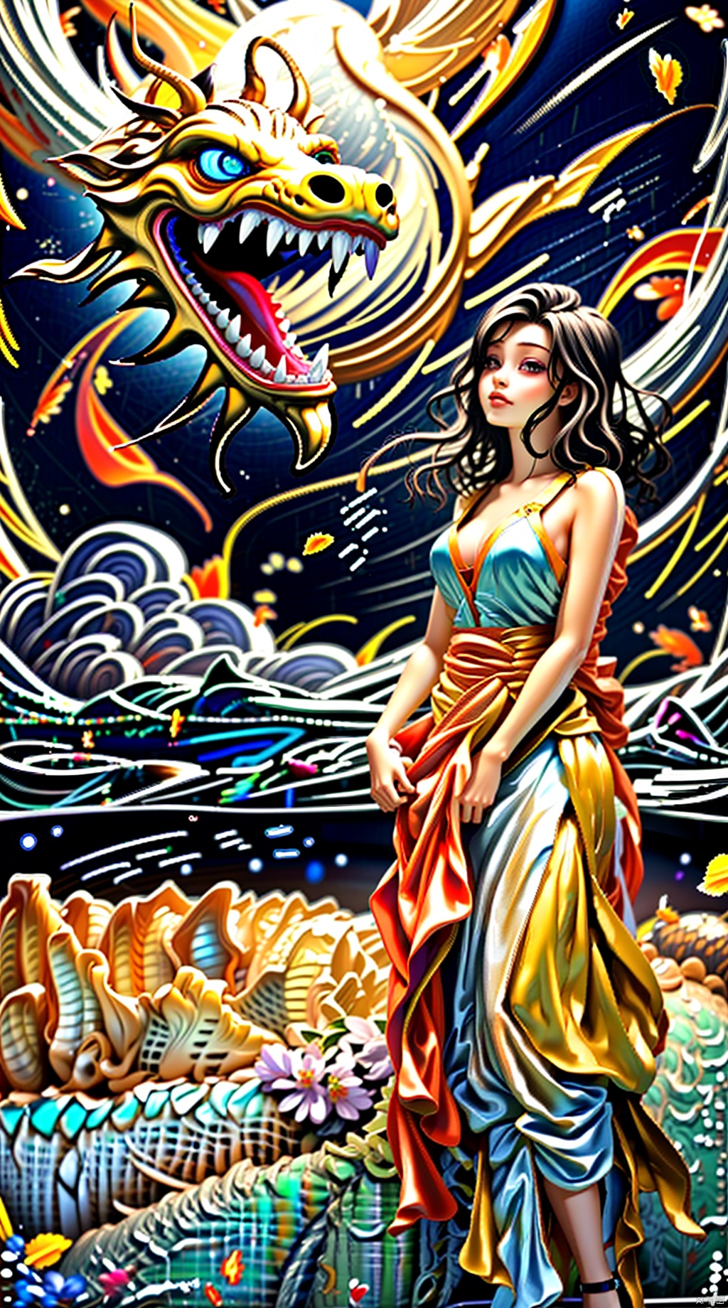  In a vast ocean, the girl met the dragon. She has long golden hair and her eyes are as clear as the blue sea and sky. She was wearing a white long skirt, with the hem swaying gently with the waves of the seawater. Her smile is bright and gives people a warm feeling. At the same time, the appearance of the dragon is also very eye-catching. Its scales are like hard steel, emitting a cold light. The eyes of the dragon are deep and bright, as if they can see through everything. Its tail is long and sturdy, like a steel whip, with infinite power.
1 girl and 1 dragon,masterpiece,
render,technology, (best quality) (masterpiece), (highly detailed), 4K,Official art, unit 8 k wallpaper, ultra detailed, masterpiece, best quality, extremely detailed, dynamic angle,atmospheric,highdetail,exquisitefacialfeatures,futuristic,sciencefiction,CG,