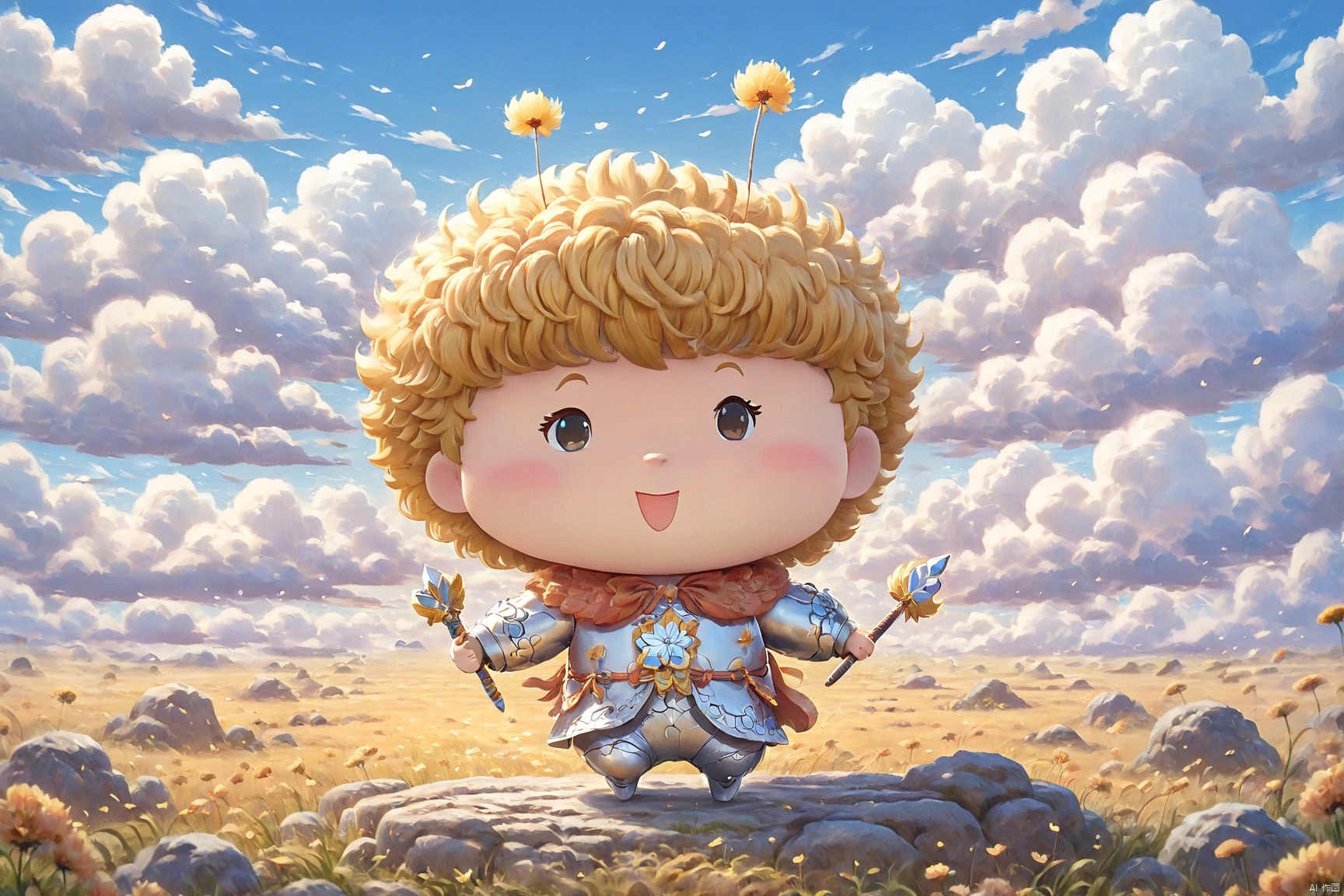  Panorama view: a cute baby, dressed in armor and holding a sword, rides on a woolly mammoth on the African savannah. Lions, tigers, and cheetahs bow down before him. The oil painting style and the art style of Hayao Miyazaki give the image a unique touch,side view