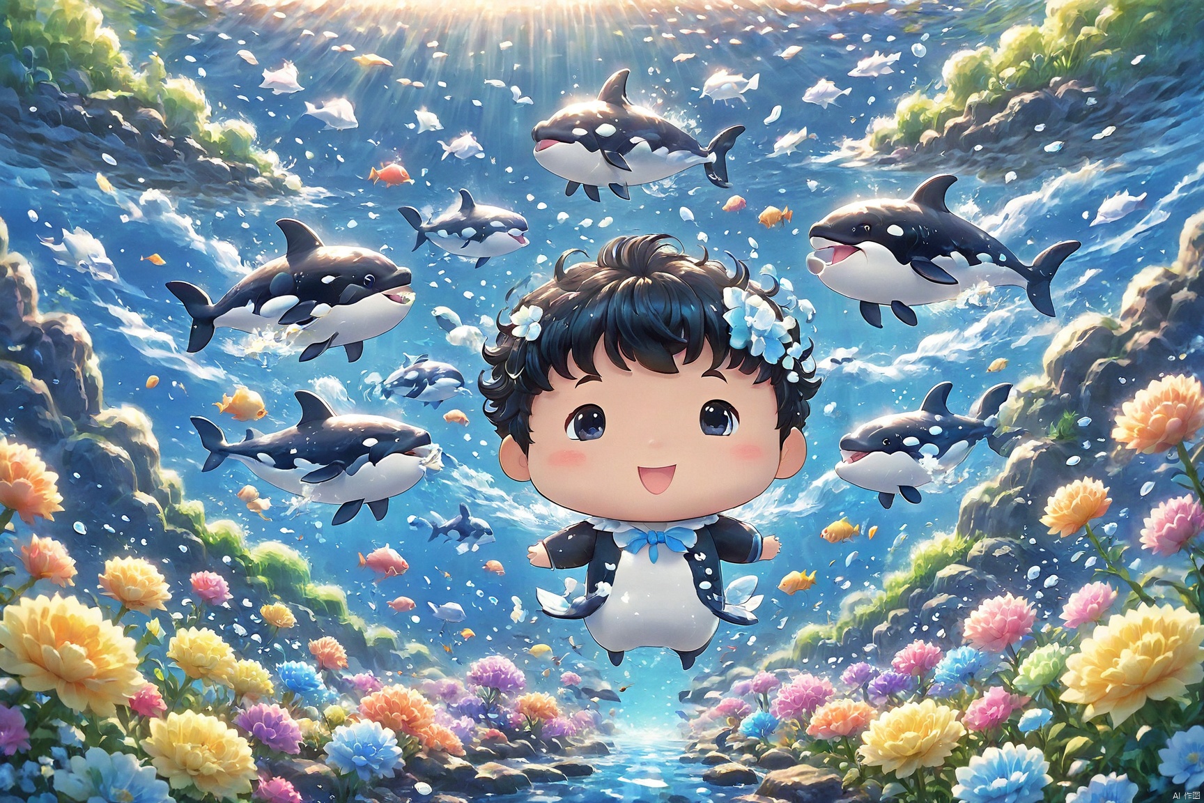 A boy with shining eyes, swimming through a colorful underwater world. Surrounded by various adorable sea creatures, a killer whale after him,A masterpiece with bright lights and cartoon-like visual effects., duobaansheying, MiRU