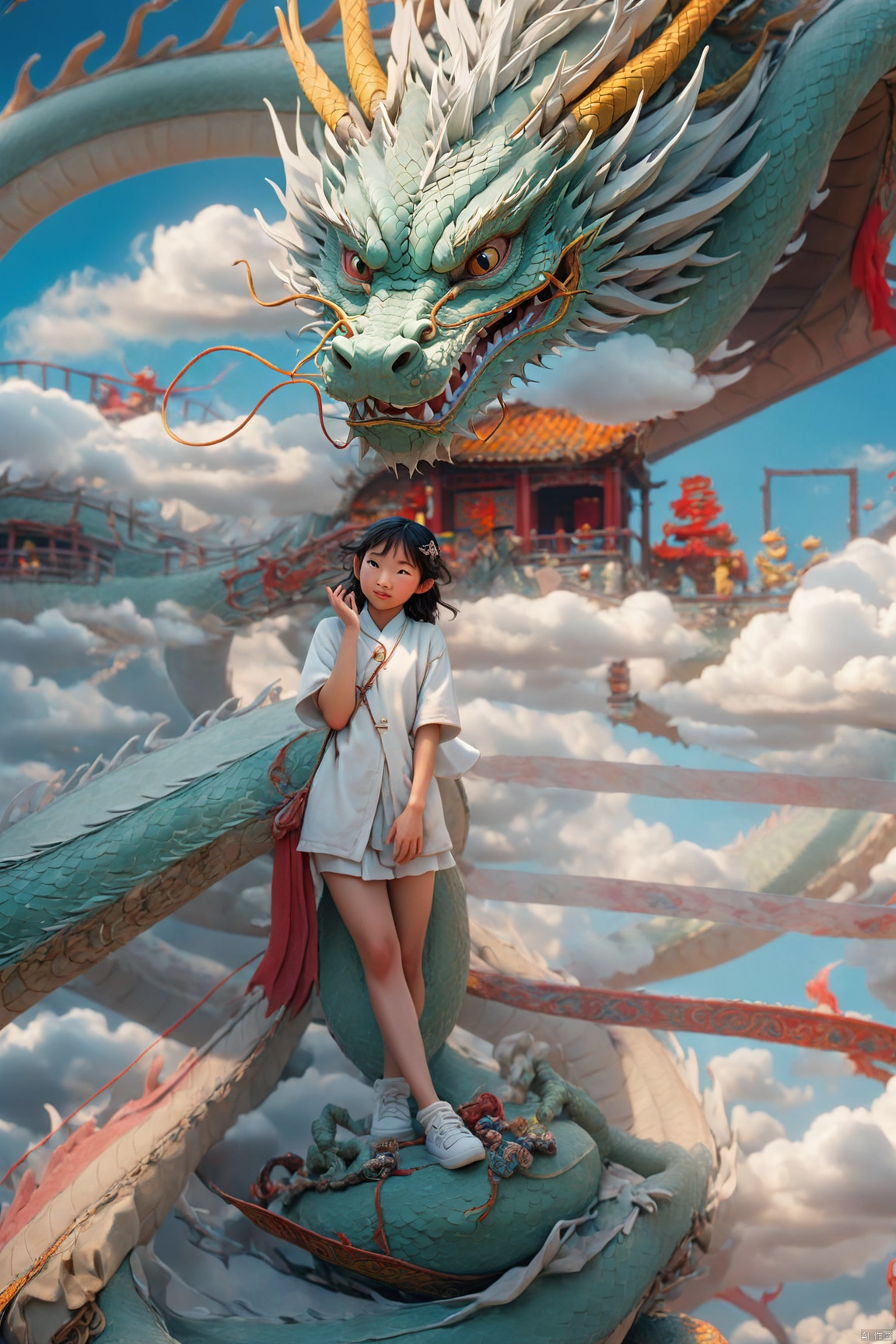  A girl wearing thin gauze,in a light and flowing outfit intertwined with a dragon,Create a distinct 3D visualization of a miniature Chinese dragon,full of characters and characters,lively in a transitional setting The backlog should be brief,having a clear blue sky or soft clouds,to keep the focus on the dragon's reliable design The dragon itself should have feature realistic textures and a lifestyle,engaging expression,captured in a way that showcases its magnetic,mythical nature in a heartbeat,invading Manner, looking at the camera,(pore:1.2),asia,ultimate details,