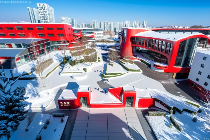  Cultural and technological industrial park, Red exterior wall,designed by Zaha Hadid, industrial style, simple and stylish, authentic, panoramic view, natural light., Industrial style coffee shop, Curved buildings in the snow, FANTASY