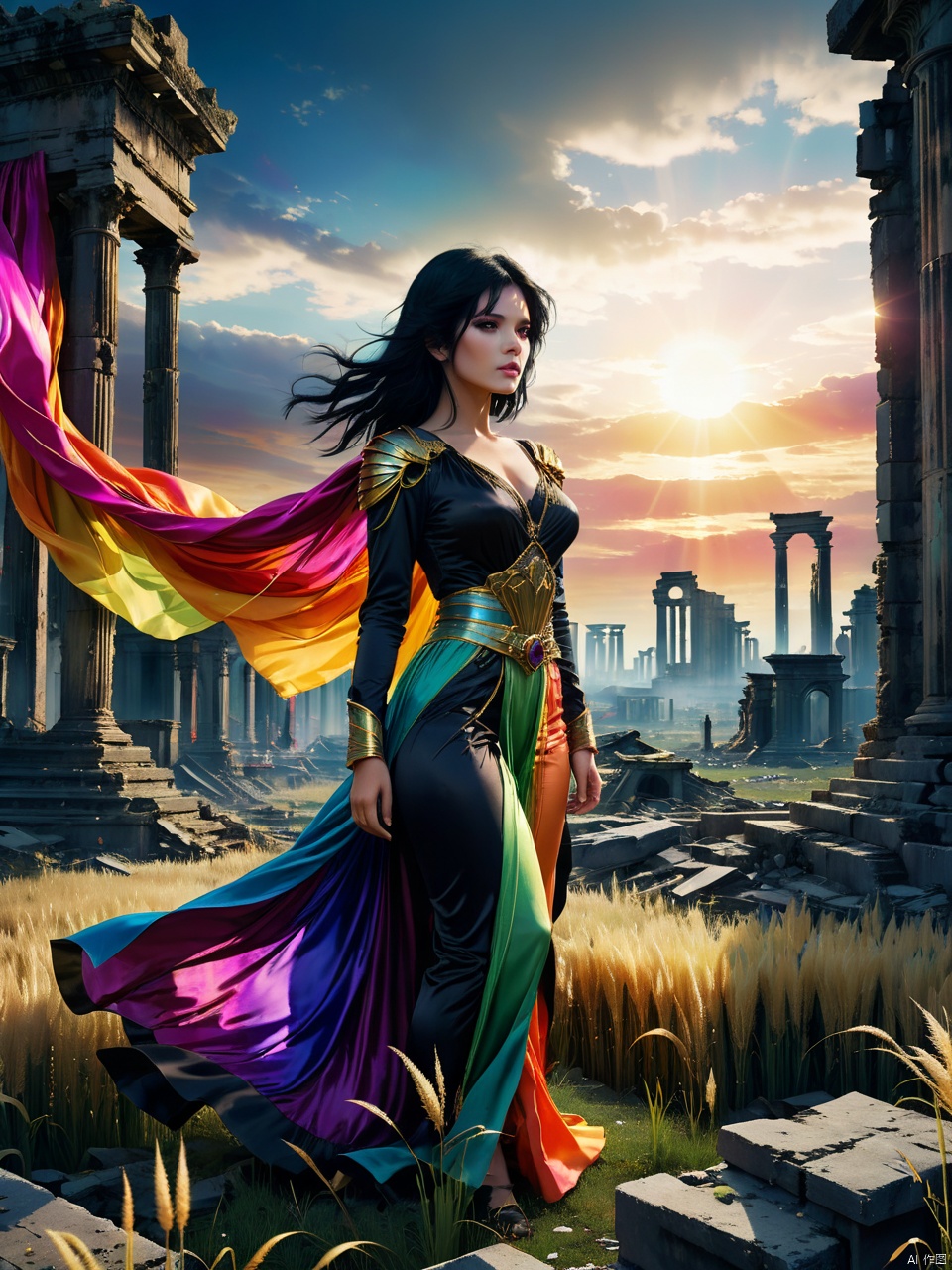 In the midst of the messy wild grass on the ruins of the apocalypse, a dazzling girl stands there, wearing colorful silks and satins, with her black hair flying freely. Her warm and determined gaze brings light to the darkness and hope to the desolation. The cinematographic quality, medium shot, making the background hazy and giving a high-quality masterpiece., shining, science fiction, surespace