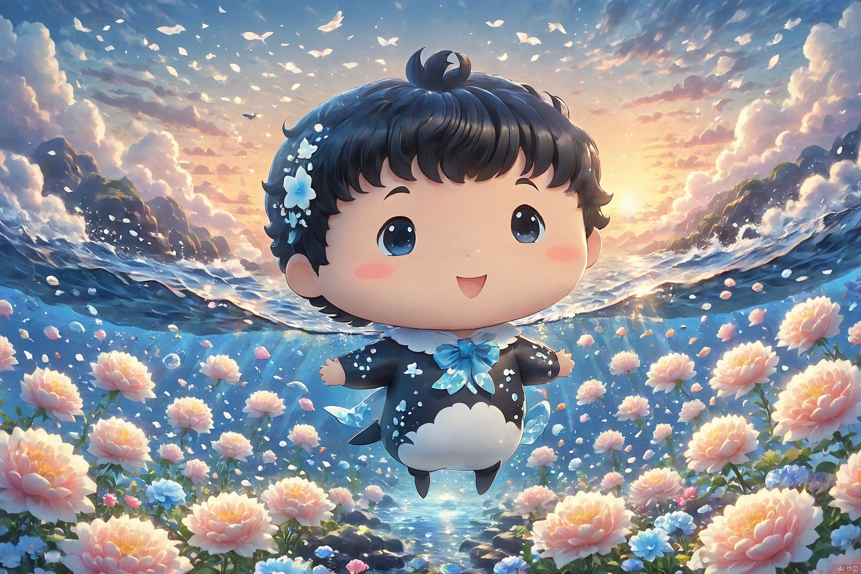  A boy with shining eyes, swimming through a colorful underwater world. Surrounded by various adorable sea creatures, a killer whale after him,A masterpiece with bright lights and cartoon-like visual effects., duobaansheying, MiRU