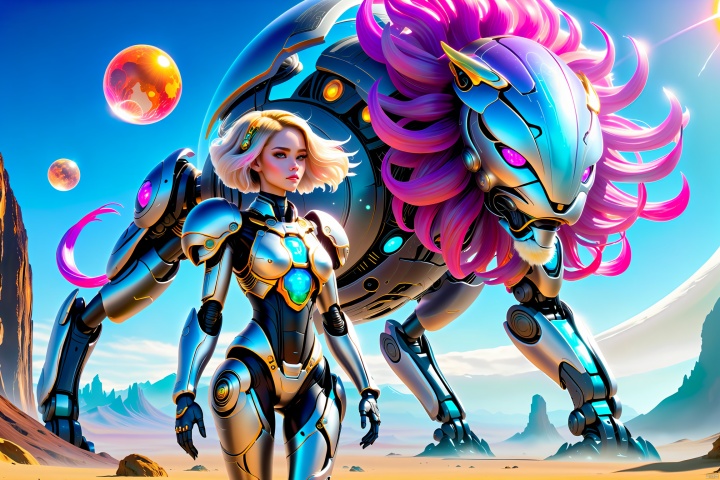 The alien princess is wearing a mech suit, with a fully mechanical lion by her side, and a colorful planet in the background, with colored jellyfish floating in the air, high-definition images, masterpieces, direct sunlight, panoramic views., bingnvwang