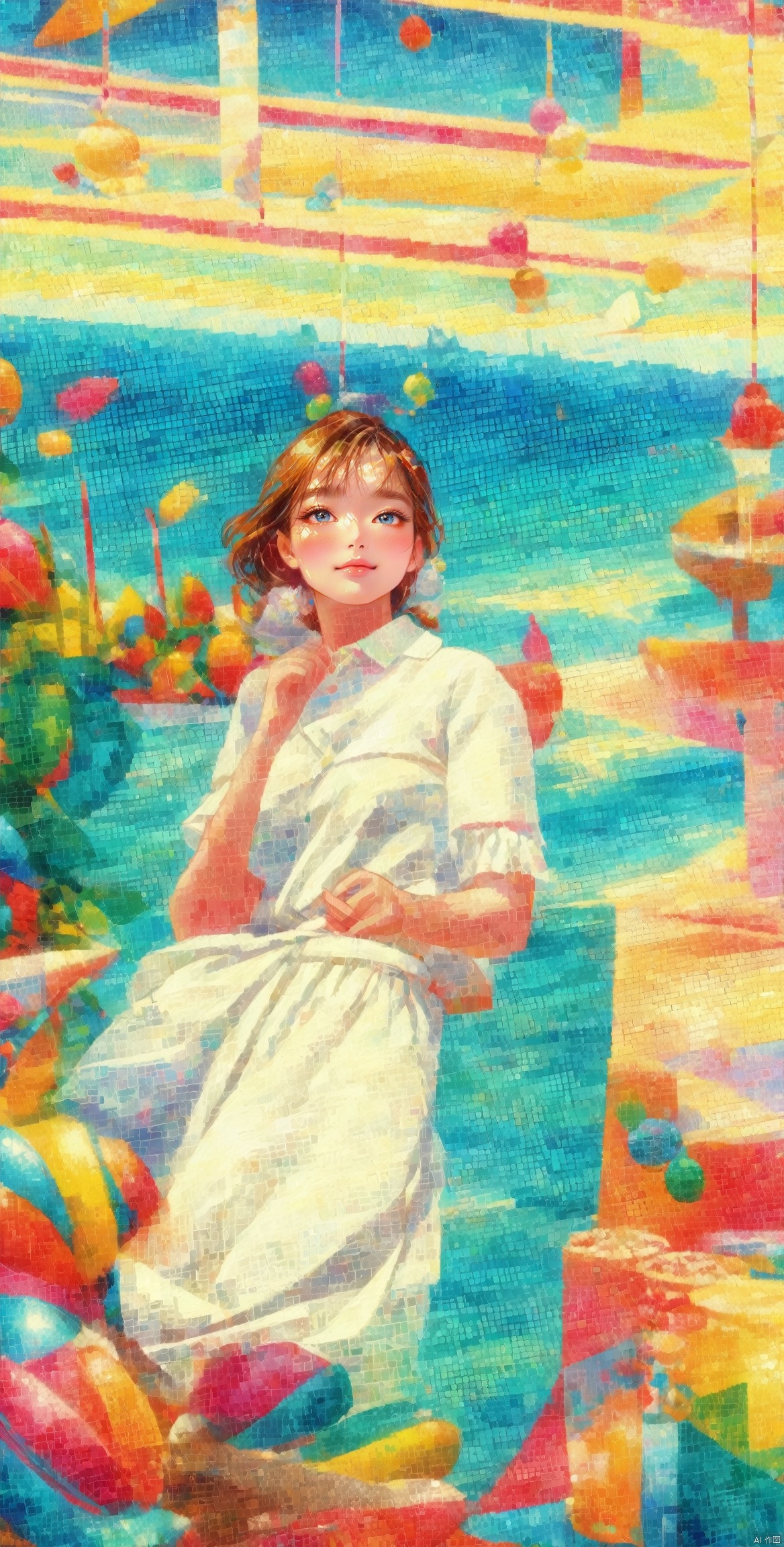  impressionism, girl, (summer clothes:1.2), tropical, sea, peaceful atmosphere, high-quality, brushstrokes, cubism, beach landscape, bird's-eye view, dynamic postures, rich color palette surrealism, young woman, dreamy seaside scene outside, tilted angle, intricate details, vibrant colors, 
pointillism, hourglass_figure, festive decorations, frontal view, vivid colors, textured patterns, pop art, female traveler, summer wonderland, diagonal perspective, bold lines, high-contrast colors, candy-coated