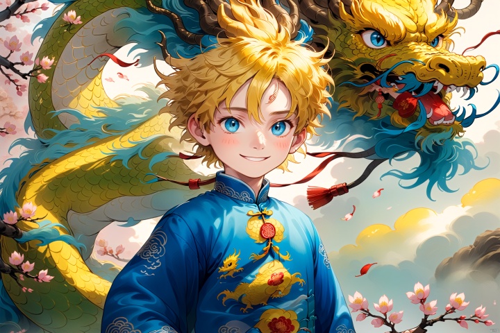 The dragon year is auspicious. A young man with yellow hair and blue eyes, wearing traditional Chinese attire, happily welcomes the Spring Festival., lmyy