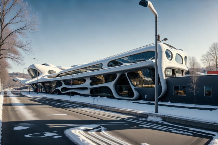 Cultural and technological industrial park, designed by Zaha Hadid, industrial style, simple and stylish, authentic, panoramic view, natural light., Industrial style coffee shop, Curved buildings in the snow, FANTASY