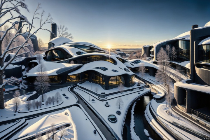  Cultural and technological industrial park, designed by Zaha Hadid, industrial style, simple and stylish, authentic, panoramic view, natural light., Industrial style coffee shop, Curved buildings in the snow, FANTASY