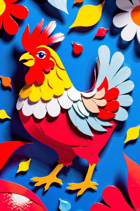 Food packaging, vibrant colors, innovative forms, high-grade materials. Primarily red and blue, with a cartoon chicken image. Transparent background, macro lens, bright lights, dynamic movement, and a joyful atmosphere., paper cut painting