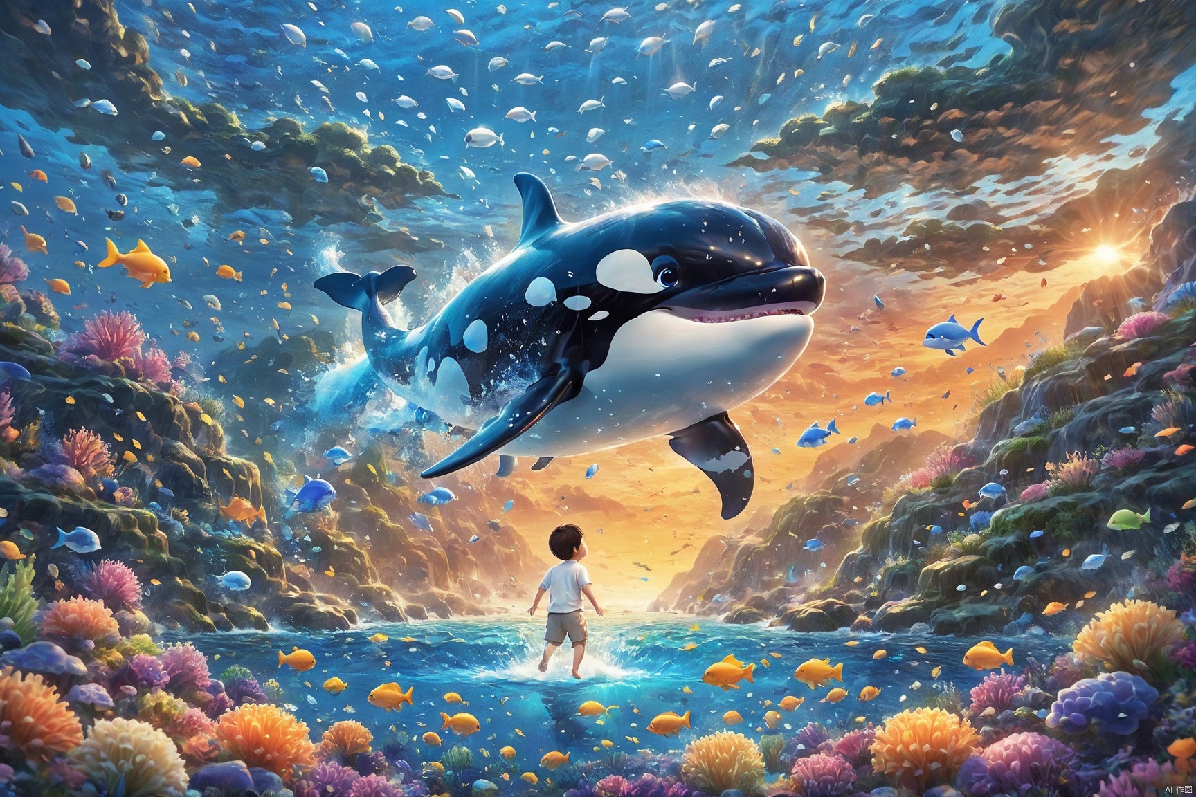 A boy with shining eyes, swimming through a colorful underwater world. Surrounded by various adorable sea creatures, a killer whale after him,A masterpiece with bright lights and cartoon-like visual effects., duobaansheying