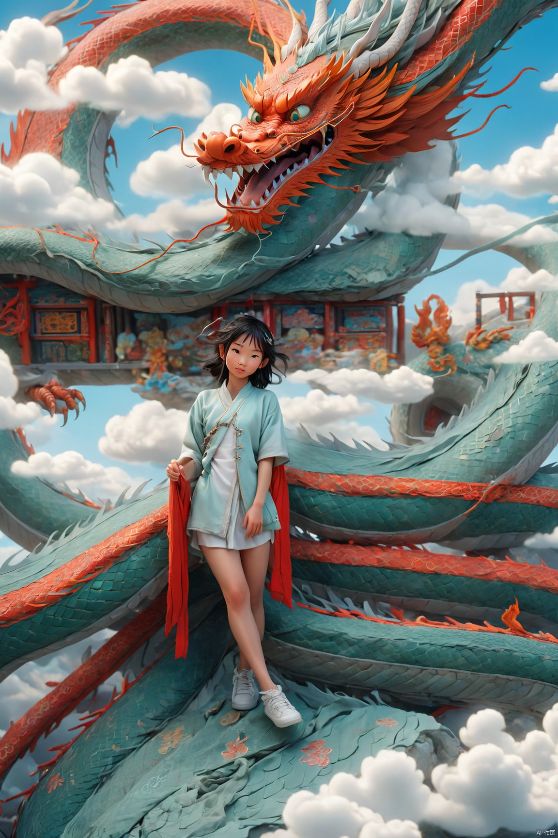  A girl wearing thin gauze,in a light and flowing outfit intertwined with a dragon,Create a distinct 3D visualization of a miniature Chinese dragon,full of characters and characters,lively in a transitional setting The backlog should be brief,having a clear blue sky or soft clouds,to keep the focus on the dragon's reliable design The dragon itself should have feature realistic textures and a lifestyle,engaging expression,captured in a way that showcases its magnetic,mythical nature in a heartbeat,invading Manner, looking at the camera,(pore:1.2),asia,ultimate details,