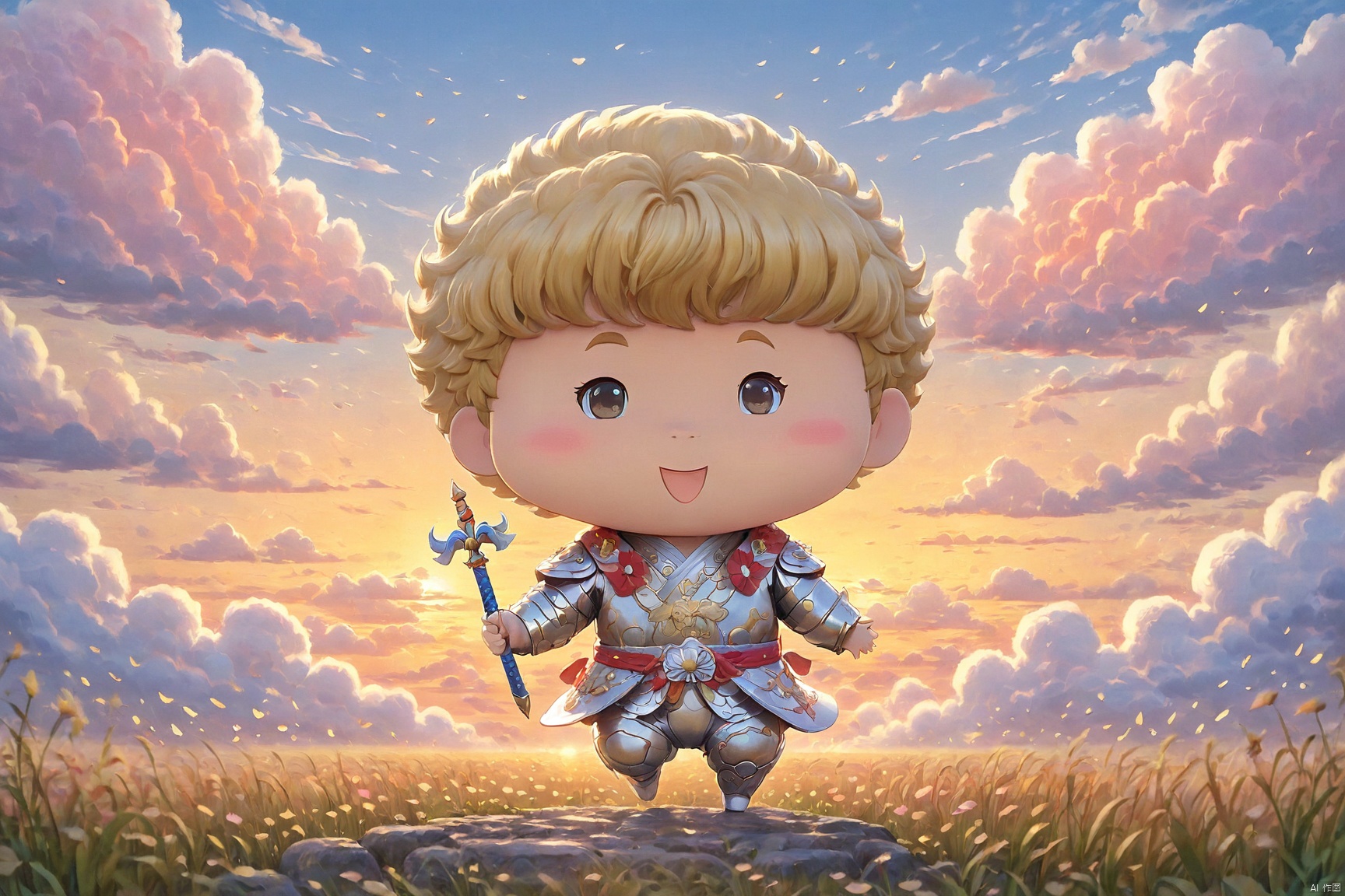 Panorama view,a cute baby, dressed in armor and holding a sword, rides on a elephant on the African savannah. Lions, tigers, and cheetahs bow down before him. The oil painting style and the art style of Hayao Miyazaki give the image a unique touch.