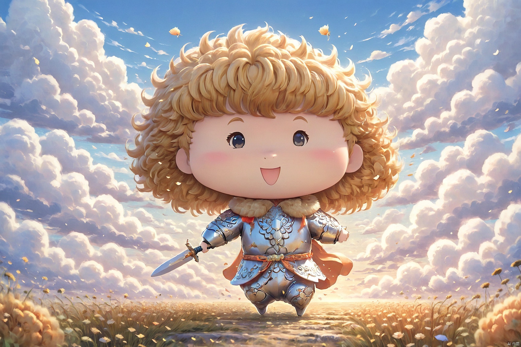Panorama view: a cute baby, dressed in armor and holding a sword, rides on a woolly mammoth on the African savannah. Lions, tigers, and cheetahs bow down before him. The oil painting style and the art style of Hayao Miyazaki give the image a unique touch.