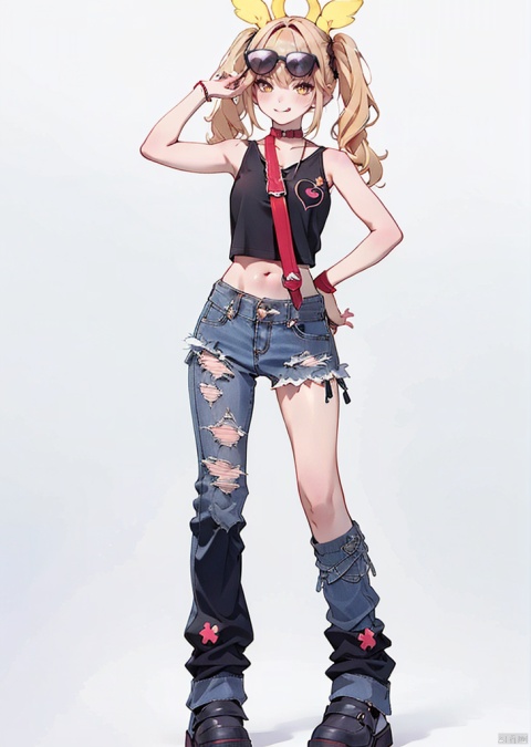  (best quality), ((masterpiece)), (highres), illustration, original, extremely detailed,1girl, solo, blonde hair, long hair, twintails, navel, yellow eyes, white background, full body, crop top, looking at viewer, eyewear on head, midriff, shoes, simple background, bare shoulders, multicolored hair, pants, red footwear, heart, breasts, sunglasses, sleeveless, shirt, black shirt, detached sleeves, heart-shaped eyewear, sneakers, tongue, standing, stomach, hair ornament, adjusting eyewear, smile, sangonomiya kokomi, 30710, dopamine
