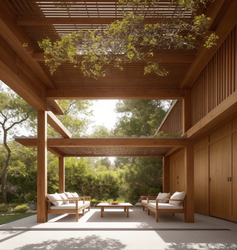 In a peaceful Japanese courtyard, a lush green bamboo forest sways with the wind, making a rustling sound. Sunlight filters through the gaps between the bamboo stalks, creating a beautiful interplay of light and shadow on the ground. At the center of the bamboo grove stands a diminutive, exquisitely crafted pavilion, inside which is placed a wooden tea table and several cushions.

, vector illustration