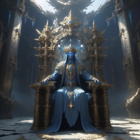 unparalleled masterpiece, ultra realistic 8k CG, perfect artwork, intricate details, best quality, official art, vector art, fantasy, dynamic angle,Broken Mirror, Mirror fragments, Particles, floating, dust, throne, holy, deity, most beautiful form of chaos,fractal art, abstract,sitting, cross-legged, Hand supported jaw, blue eyes, RPG